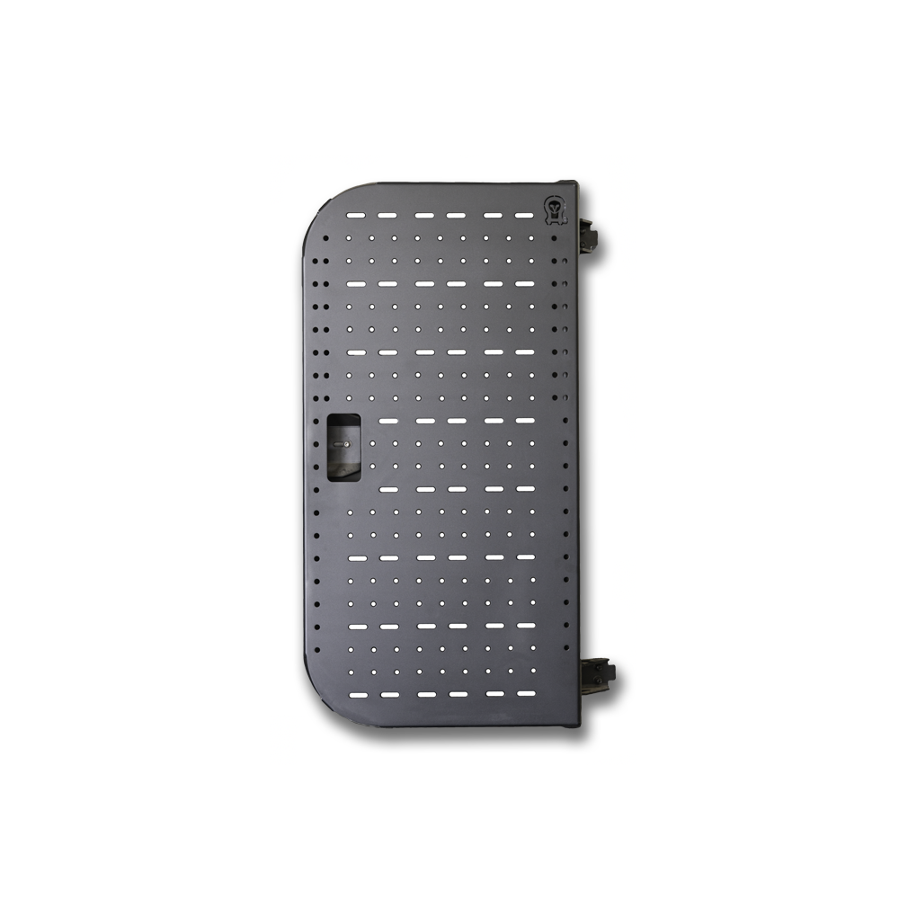 Sprinter bike rack and box carrier rear door mount in black steel with perforated design