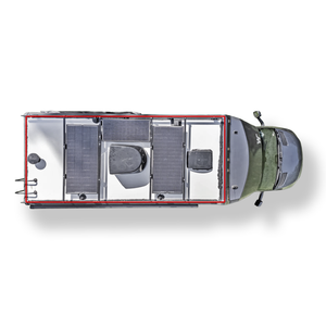 Top view of a Winnebago Ekko featuring the Ekko Roof Rack Teton Edition with solar panels and offroad lighting setup