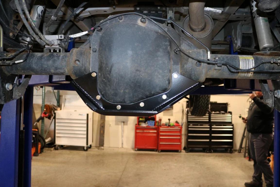 Differential skid plate installed on Transit rear differential for protection against rocks and debris