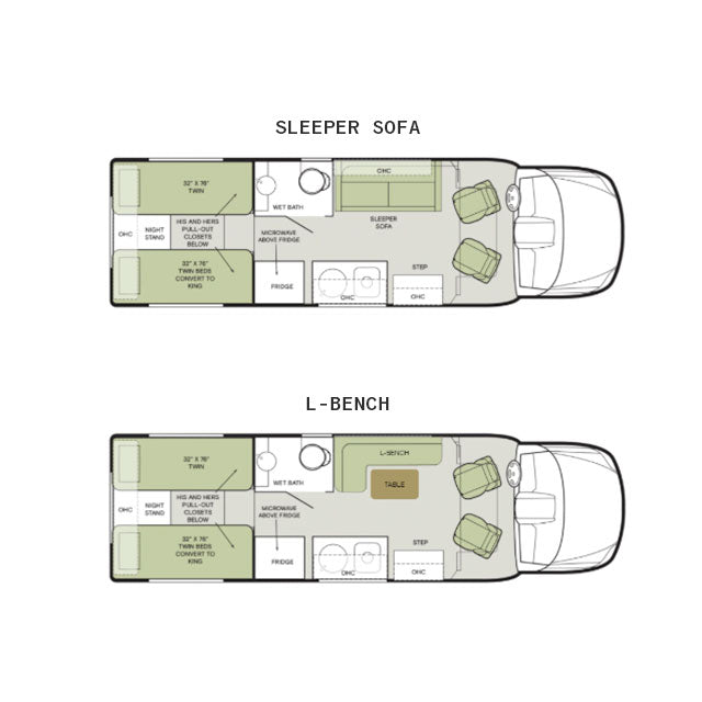 OTX Tiffin + Owl Halo Open Trail, floorplan variants, Sleeper Sofa, L-Bench