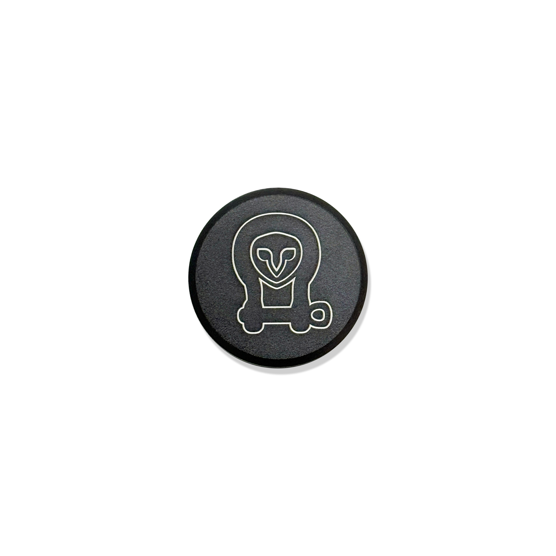 Black billet aluminum hood badge with laser-etched Owl logo for INEOS Grenadier and Quartermaster vehicles