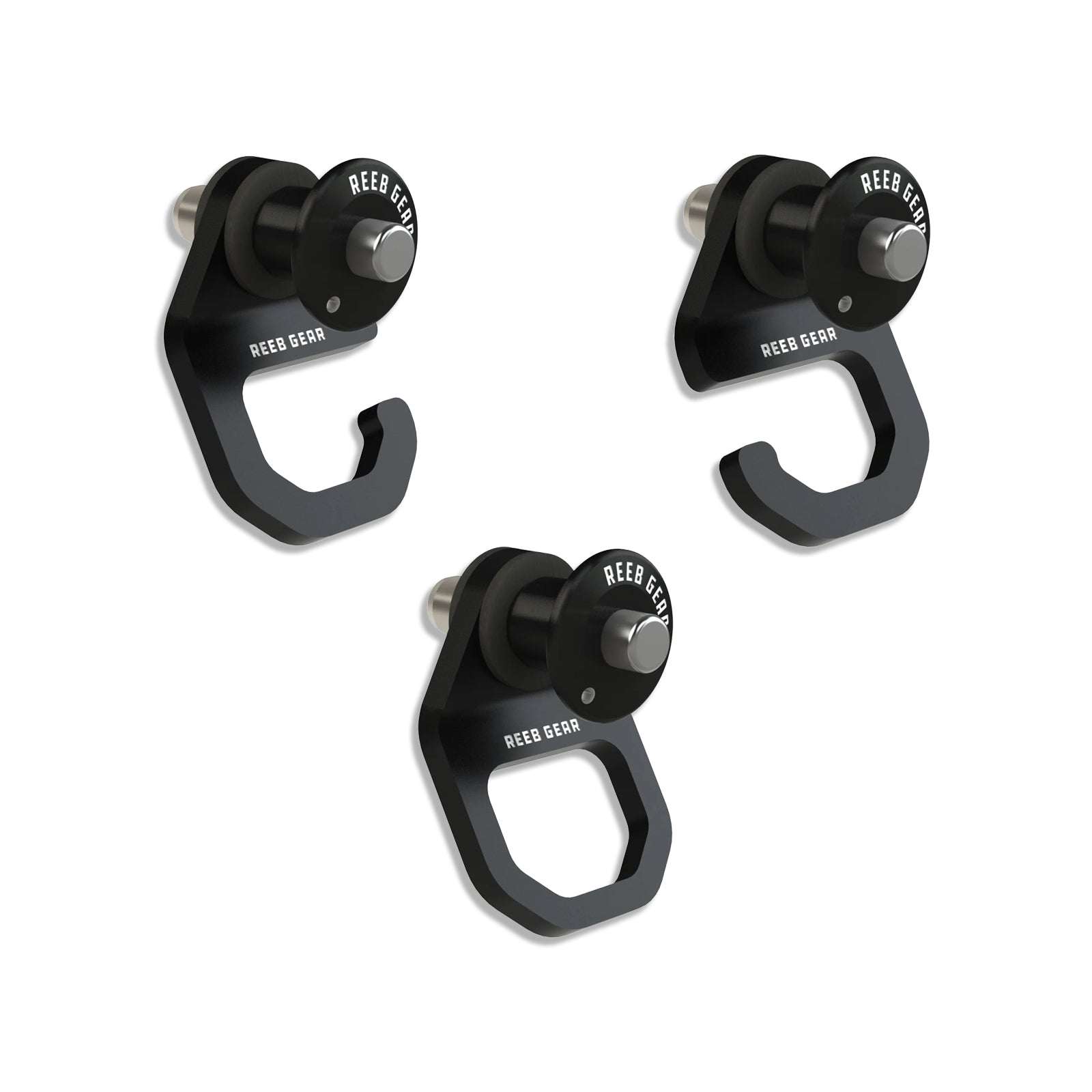 Set of three black anodized aluminum Sherpa Quick Release Hooks with push-button release for secure gear attachment to Sherpa panels.
