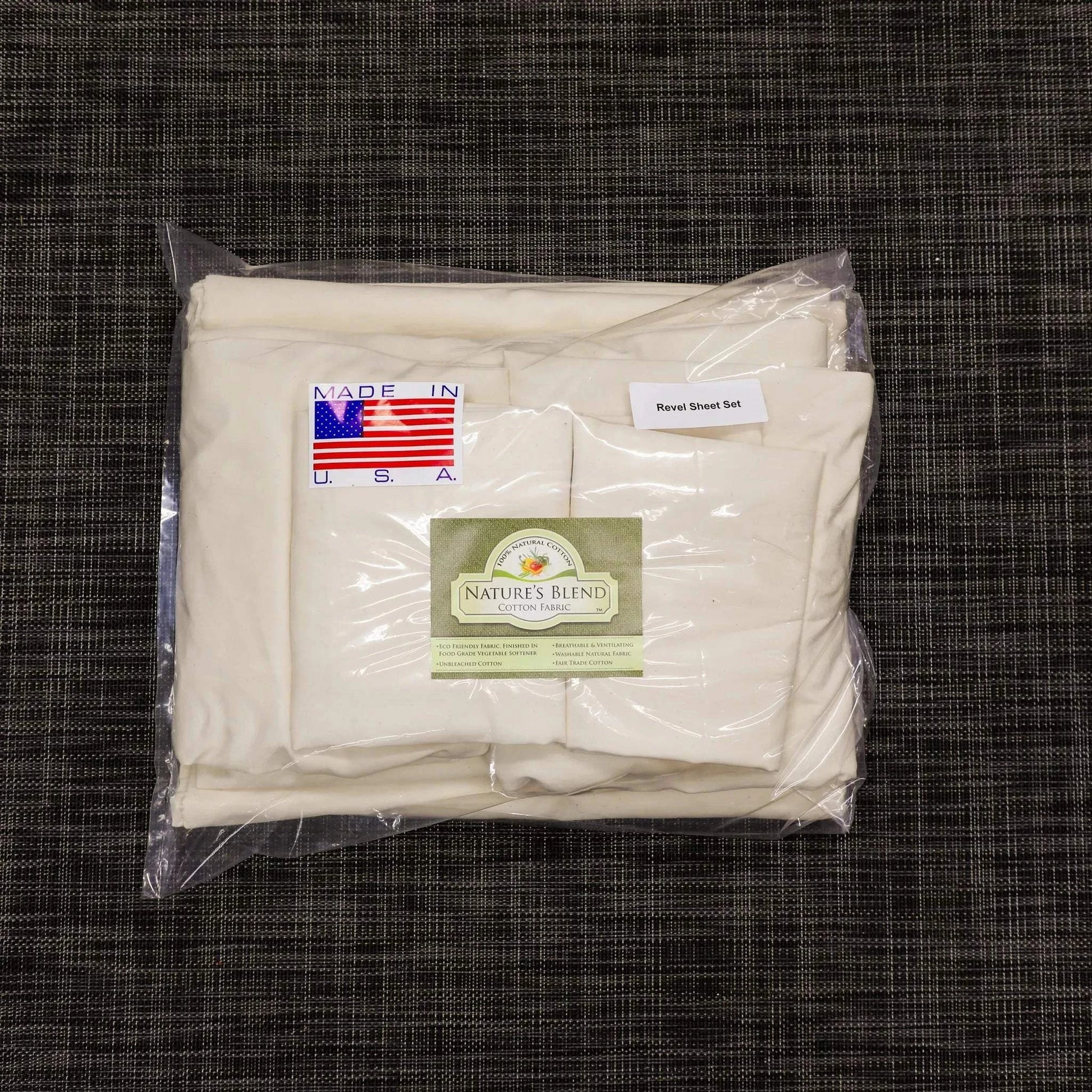 Ultra Luxe Dream Sheets custom-fitted microfiber bedding set for Winnebago Revel with fitted sheet, top sheet, pillowcases, and carry bag packaged
