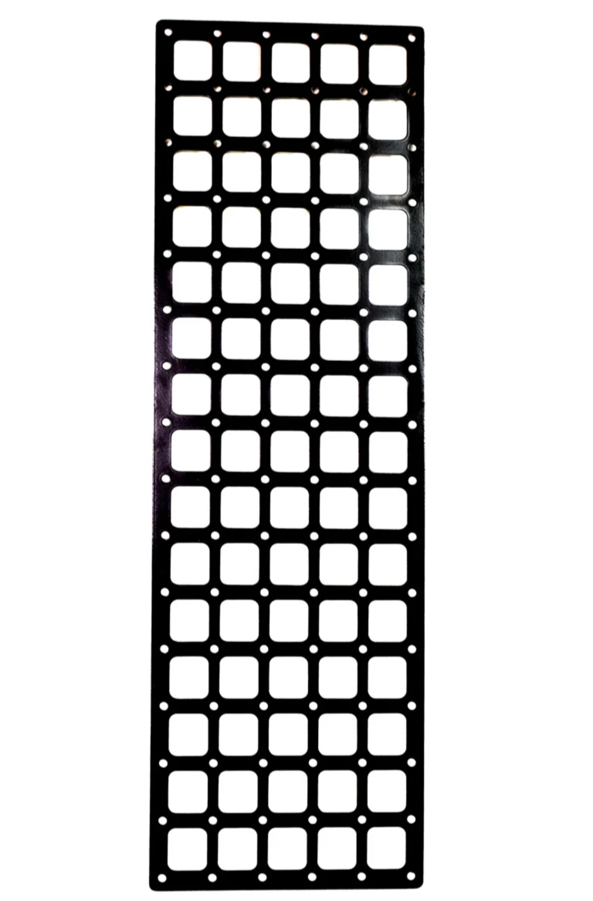 Black powder-coated steel MOLLE panel for Winnebago Revel shower door modular storage.