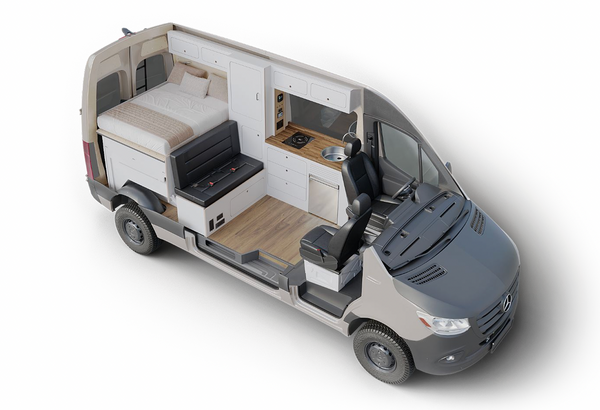 Owl x VanCraft Wasatch Halo Sprinter van interior layout with bed, kitchen, and seating area