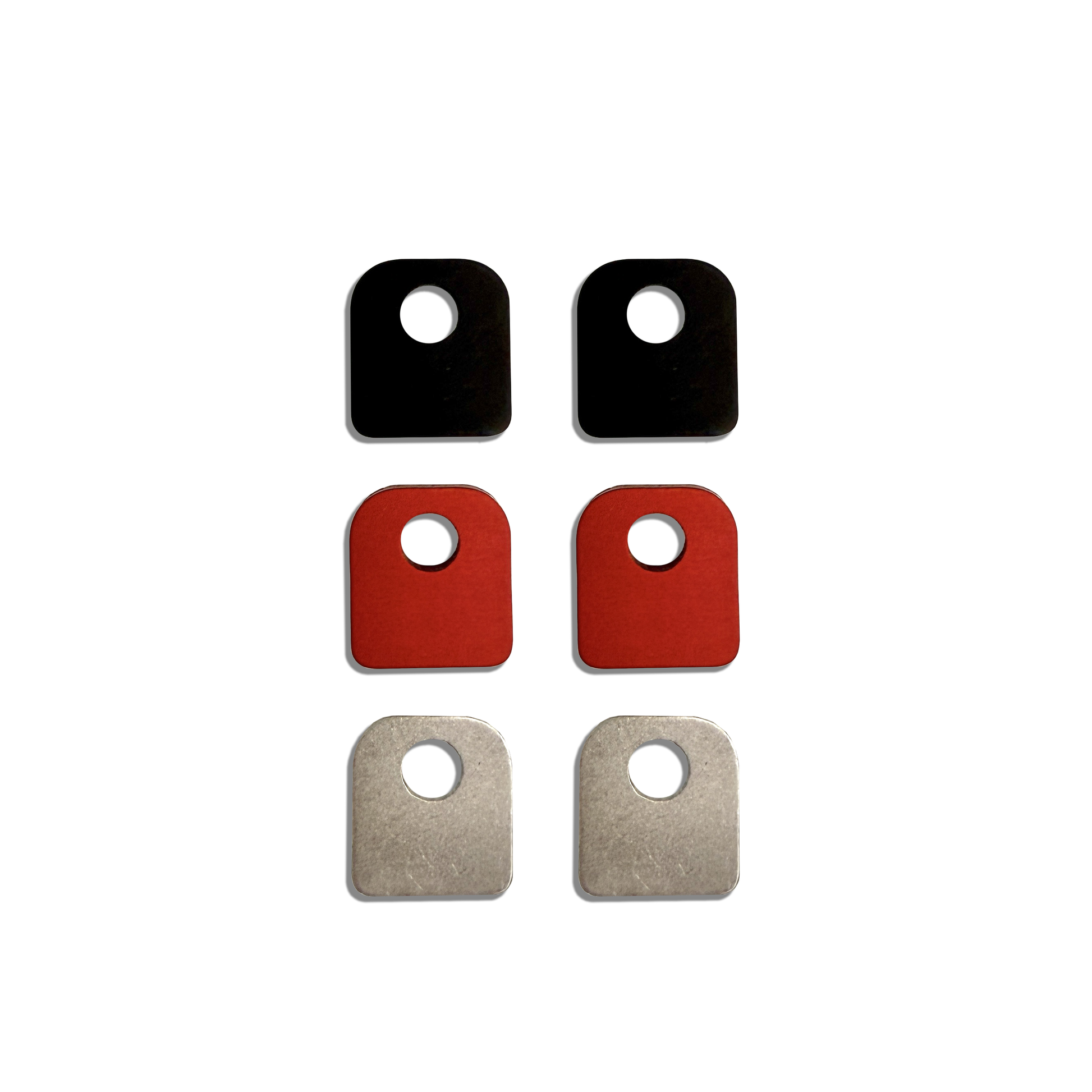 Rear door washers for INEOS Grenadier in black, red, and silver colors designed to secure rubber bumpers.