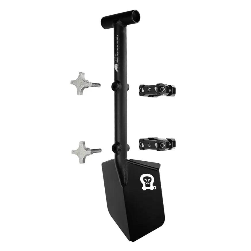 Recovery Shovel with integrated mount, lightweight billet aluminum design for overlanding and off-roading.