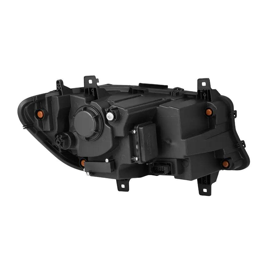 LUXX-Series LED Projector Headlights for Sprinter, rear view of black headlight assembly with mounting brackets.