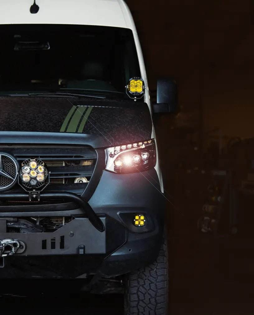 Sprinter with NOVA-Series LED Projector Headlights, featuring full LED internals and blacked-out housing.