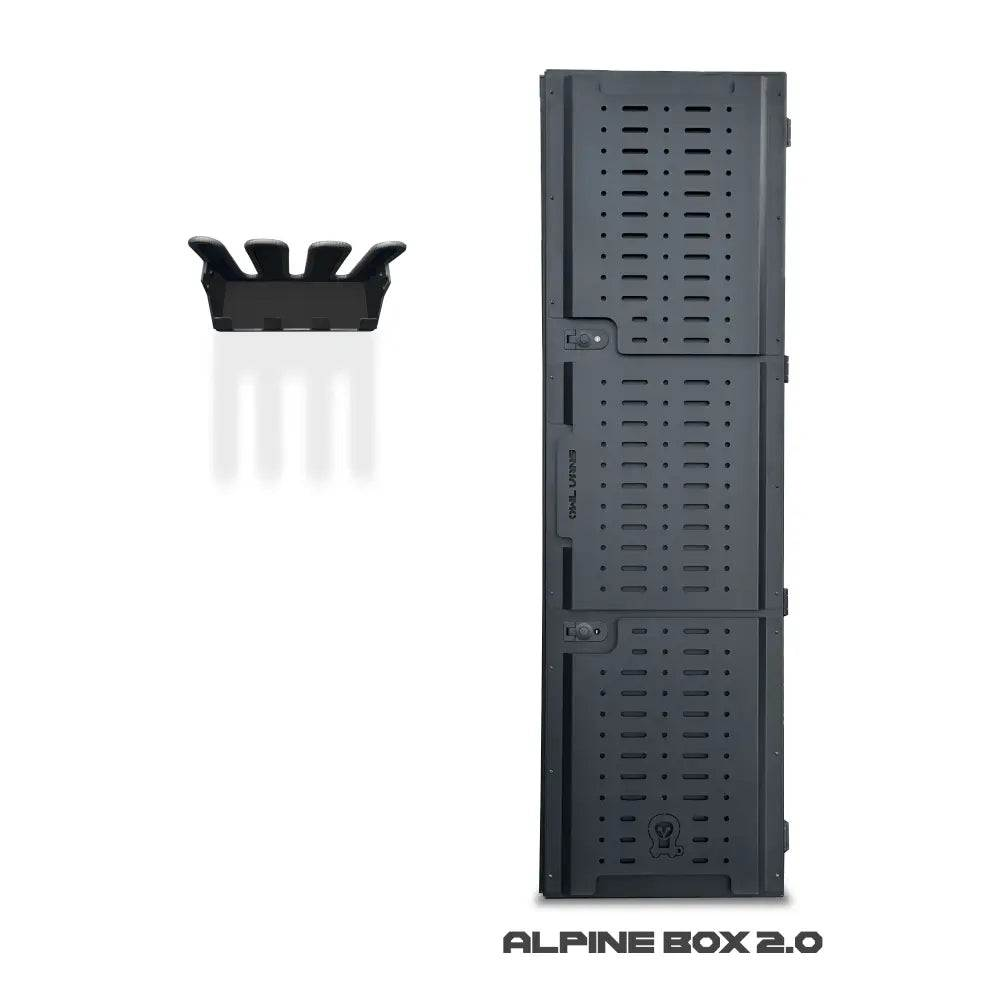 Black Alpine Box 2.0 van storage box designed for skis, snowboards, and golf gear organization