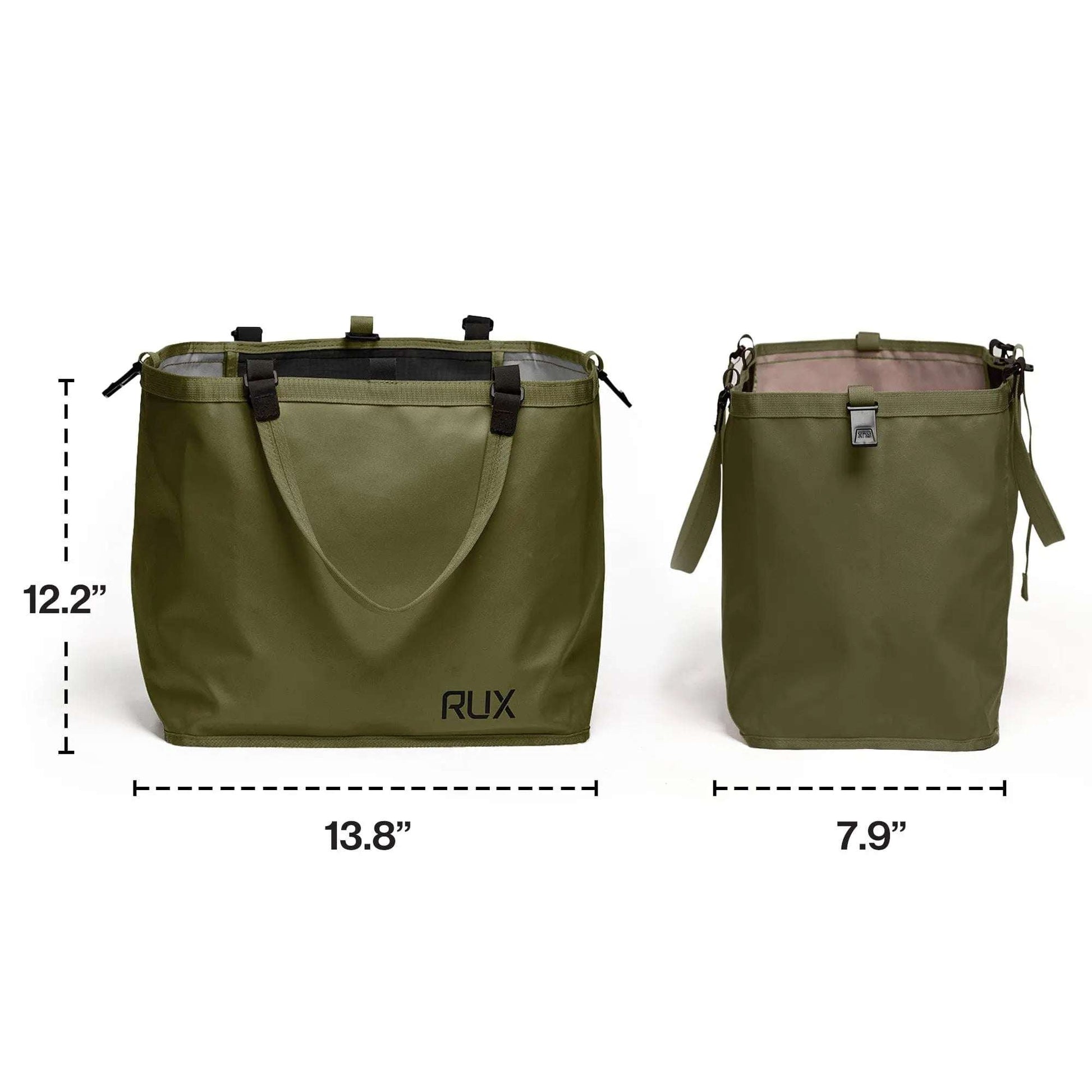 RUX 25L Bag olive green versatile storage bag with dimensions 13.8x12.2x7.9 inches for nesting inside RUX 70L bag