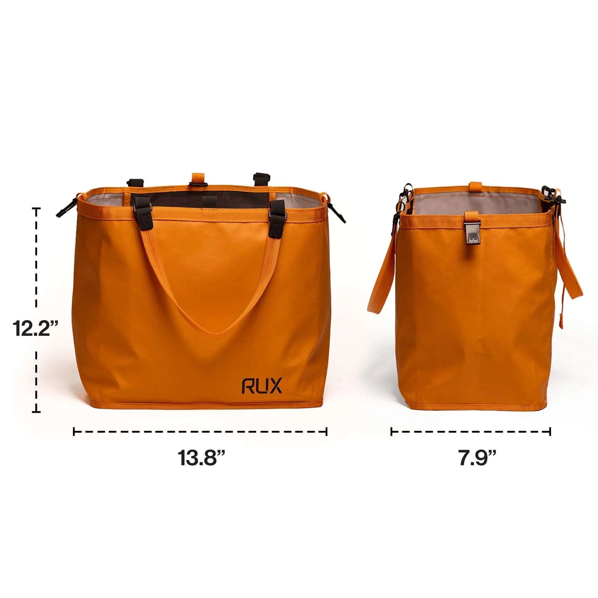 Orange RUX 25L Bag with handles and adjustable strap, measuring 13.8" x 12.2" x 7.9", versatile for packing and nesting inside RUX 70L bag