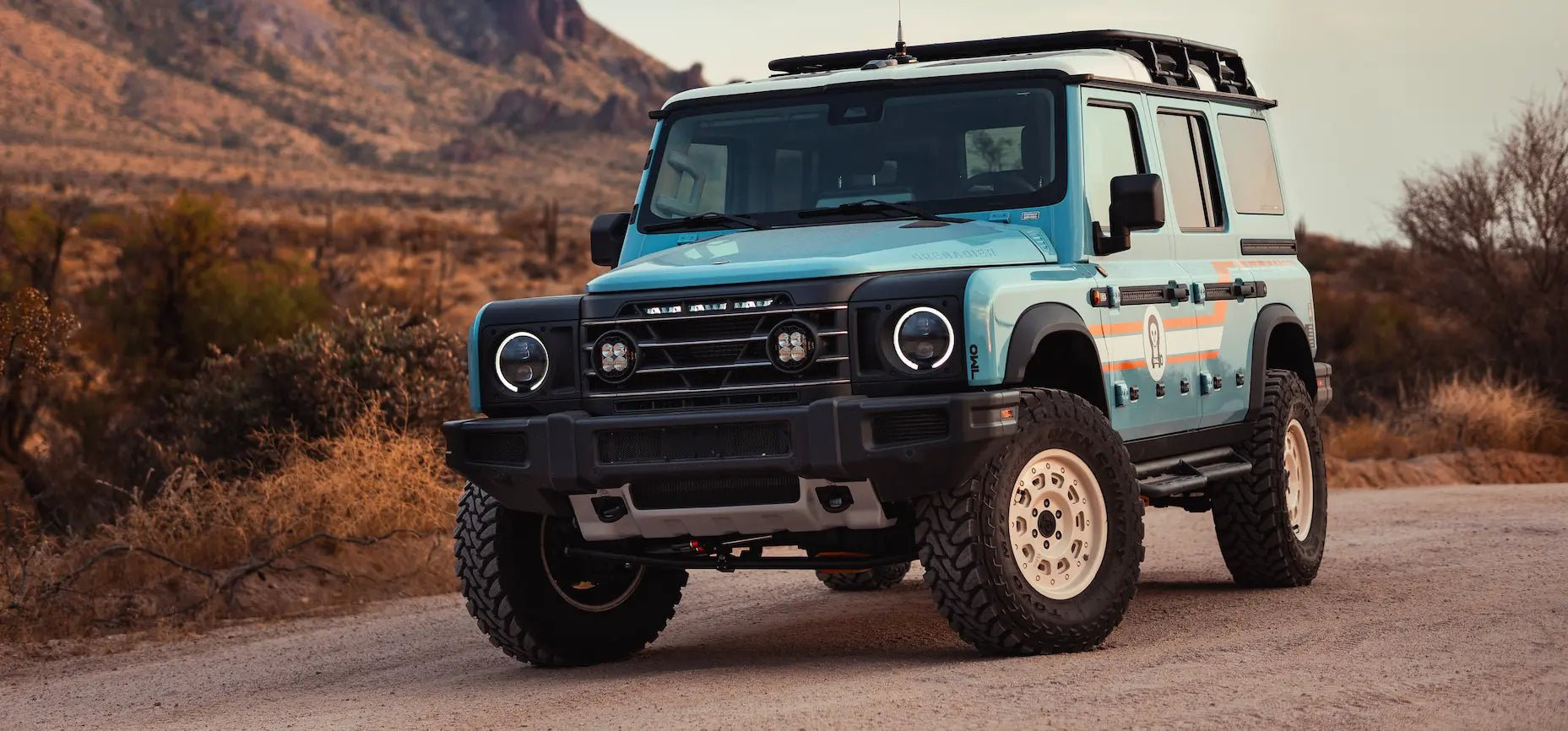 LP4 Grille Light Mounts on INEOS Grenadier with Baja Designs LP4 lights integrated into the grille for enhanced visibility and aesthetics.