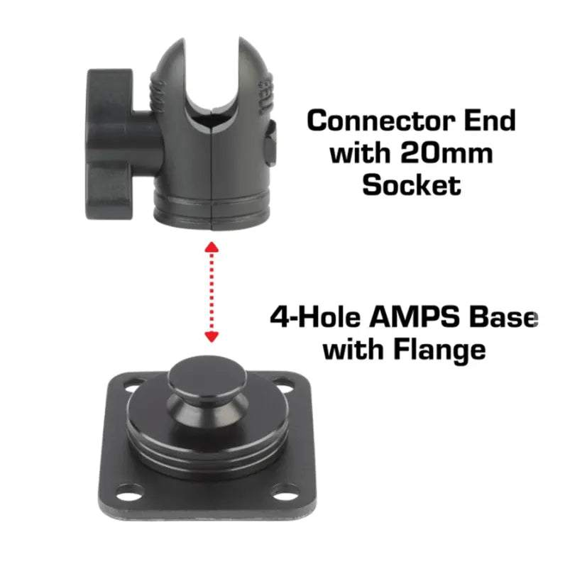 Garmin Plate Mount with 20mm connector end and 4-hole AMPS base with flange for secure GPS mounting.