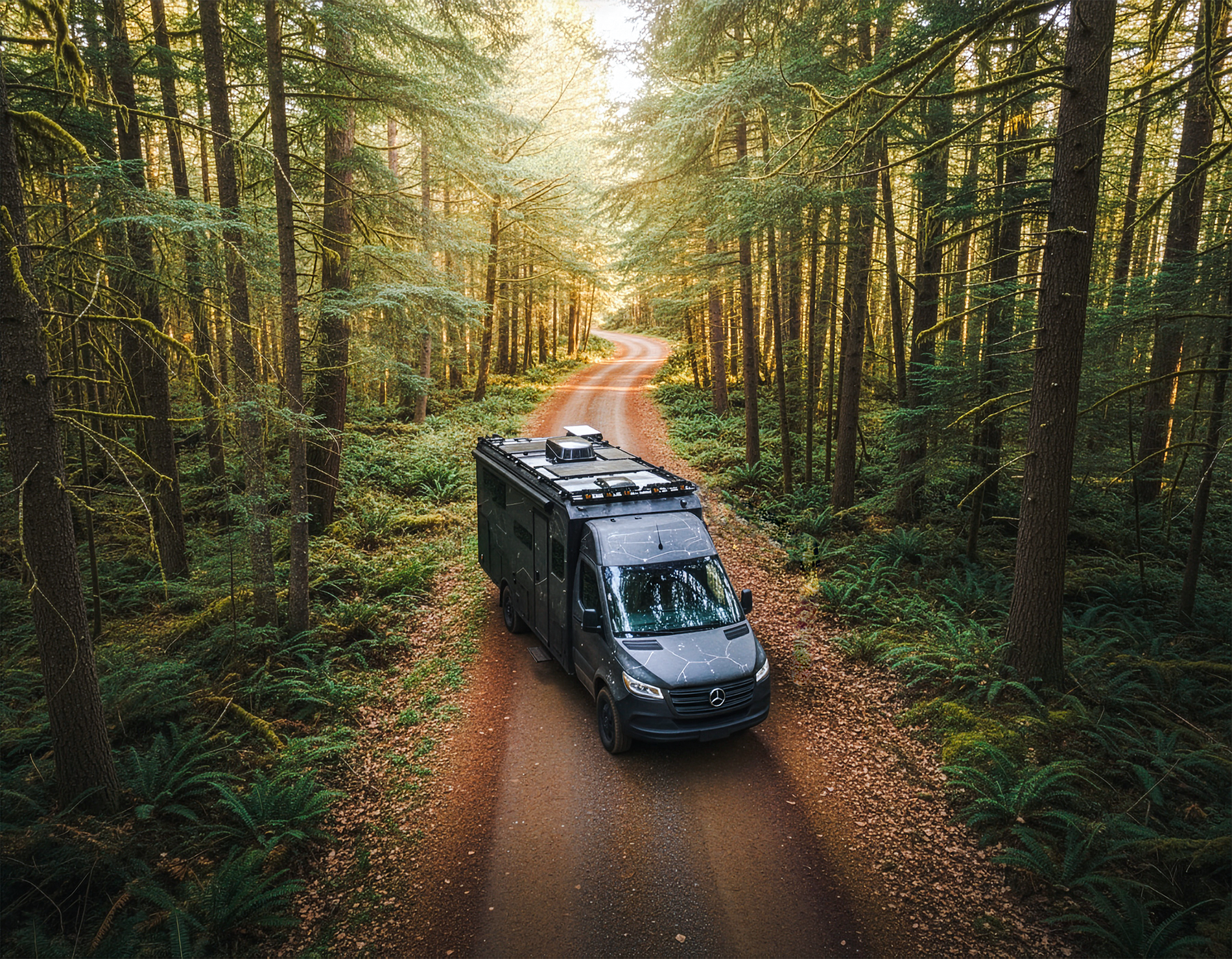 Winnebago Ekko camper van equipped with Ekko Roof Rack Teton Edition driving on forest dirt road