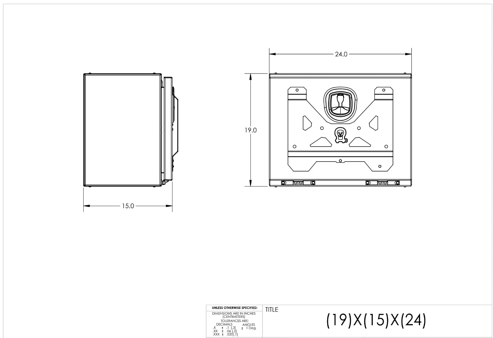 Technical drawing of Medium Expedition Cargo Box showing dimensions 19x15x24 inches and detailed aluminum construction design