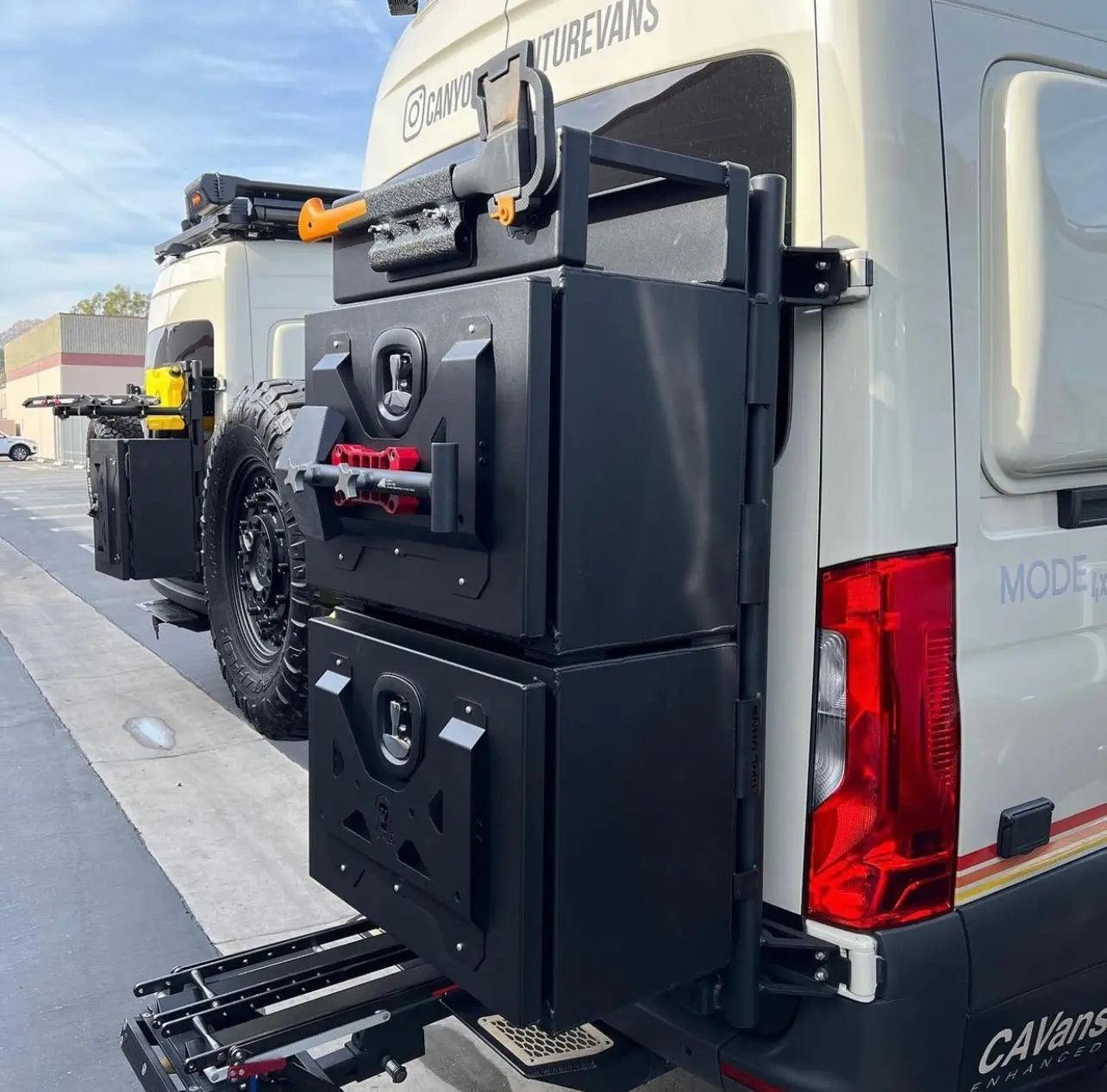 Medium Expedition Cargo Box attached to rear of white expedition van with durable aluminum construction and compact design.