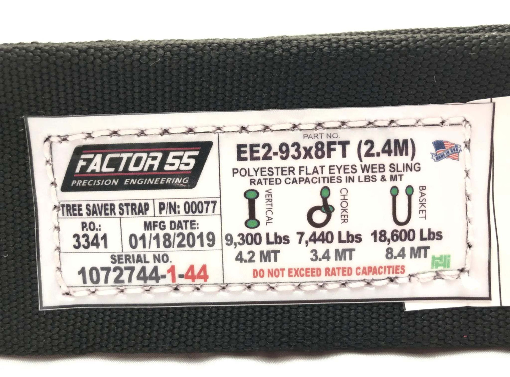 Factor 55 Tree Saver Strap label showing specifications and rated capacities.