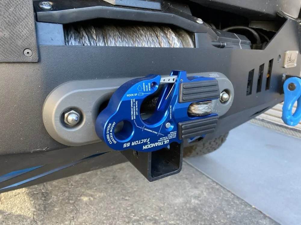 Ultrahook for Winches attached to a vehicle, showcasing advanced closed-system design and precision-machined aluminum.