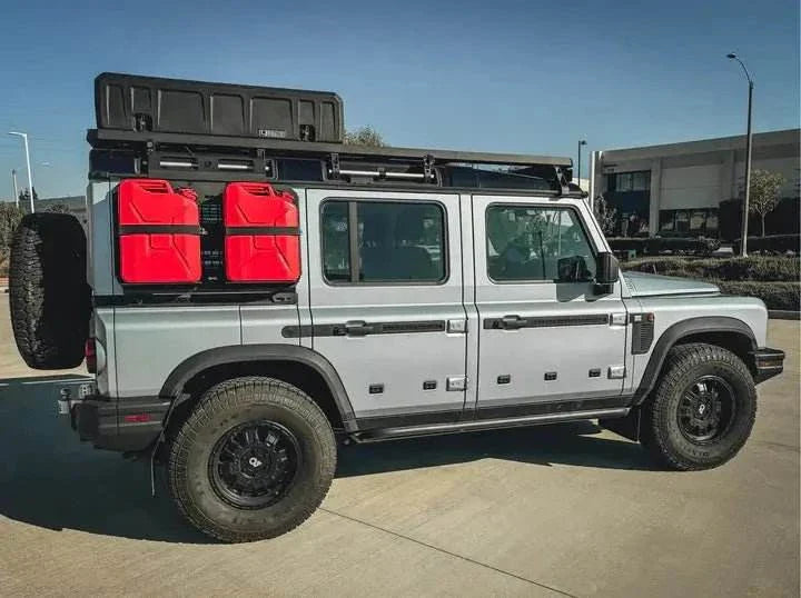 20L Jerry Can Holder mounted on INEOS Grenadier for off-road adventure.