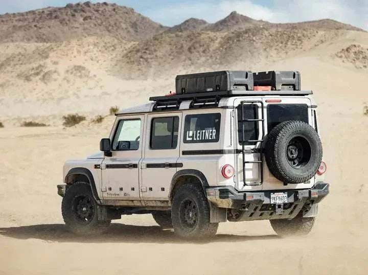 GearPOD Roof on INEOS Grenadier with ACS Roof Platform Rack in desert setting.
