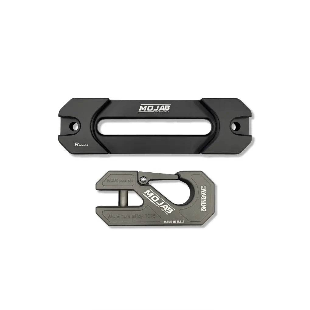 Mojab indexing fairlead and hook set in black aluminum alloy designed for off-road and overland rig durability and performance