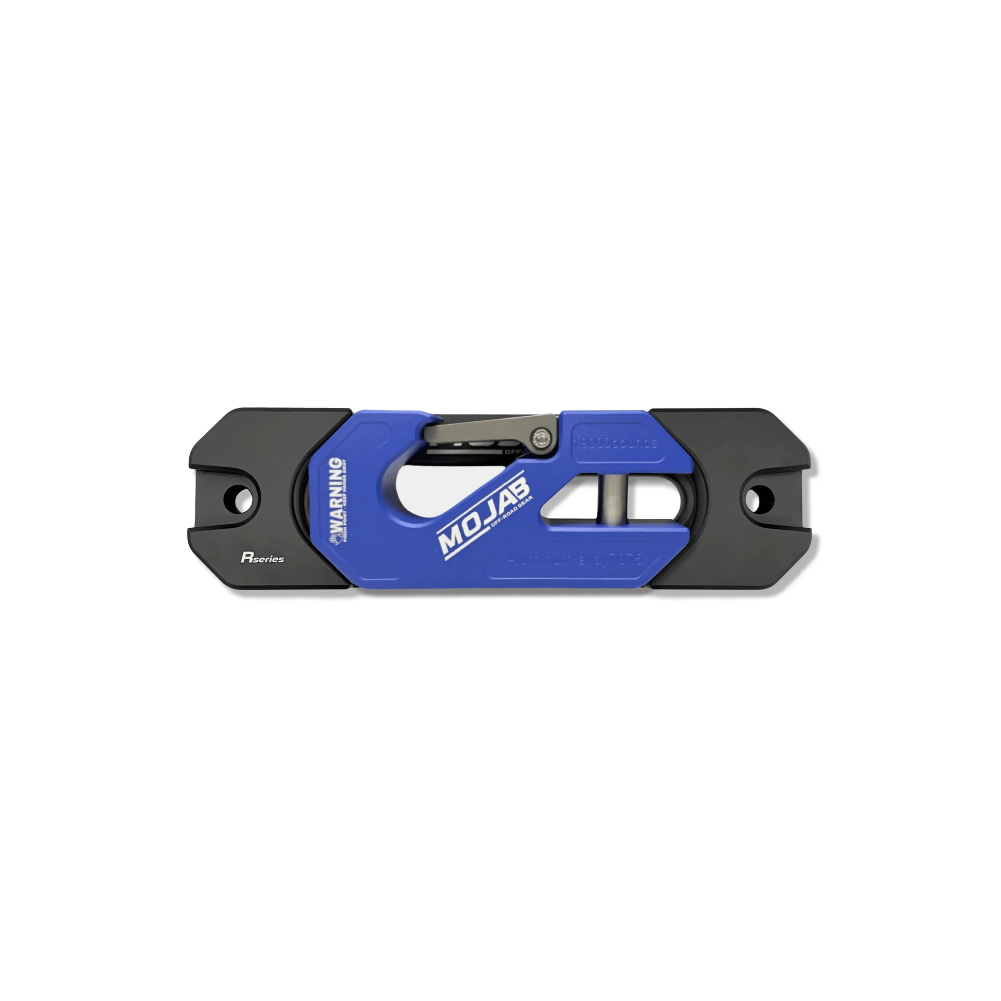 Blue and black Mojab indexing fairlead and hook for off-road vehicle rigging and durability
