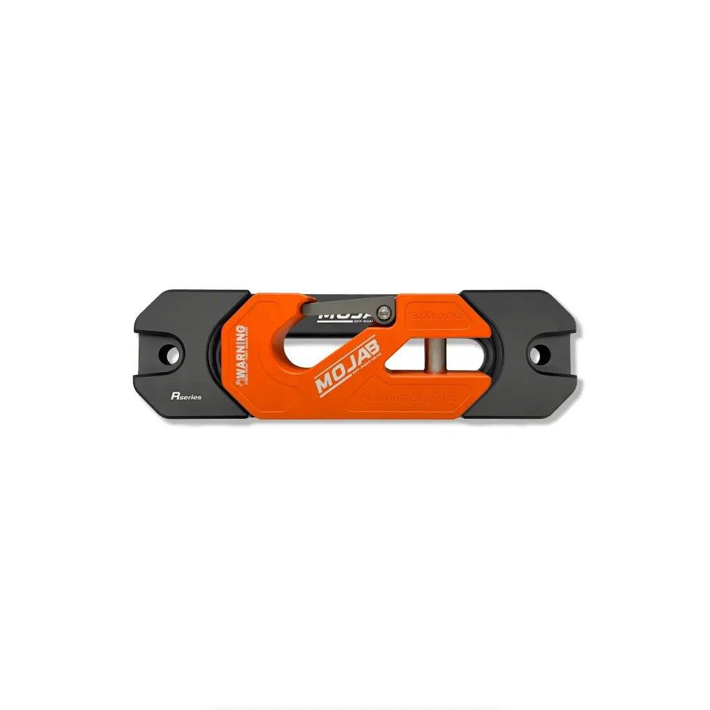 Mojab orange and black indexing fairlead and hook for off-road and overland vehicle setups.