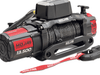 Mojab 13500lb winch with durable synthetic rope and red branded strap for off-road use