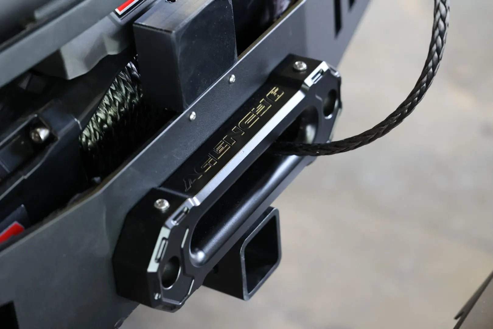 Black winch fairlead 1.5-inch, Agency 6, satin black, open box, scuffs, aluminum.