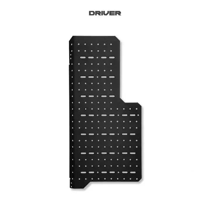 Black powder-coated Driver Sherpa cargo system panel with multiple mounting holes for Sprinter VS30 and Revel 2020+ vehicles, open box with minor ding.