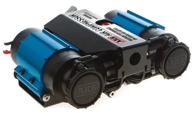 On-board twin 12 volt air compressor for off-road vehicles.