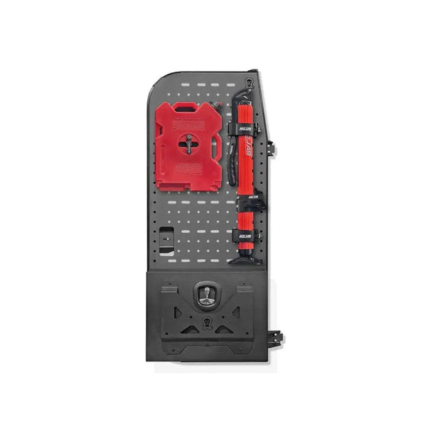 Sprinter bike rack and box carrier mounted on rear door with modular storage for gear and equipment