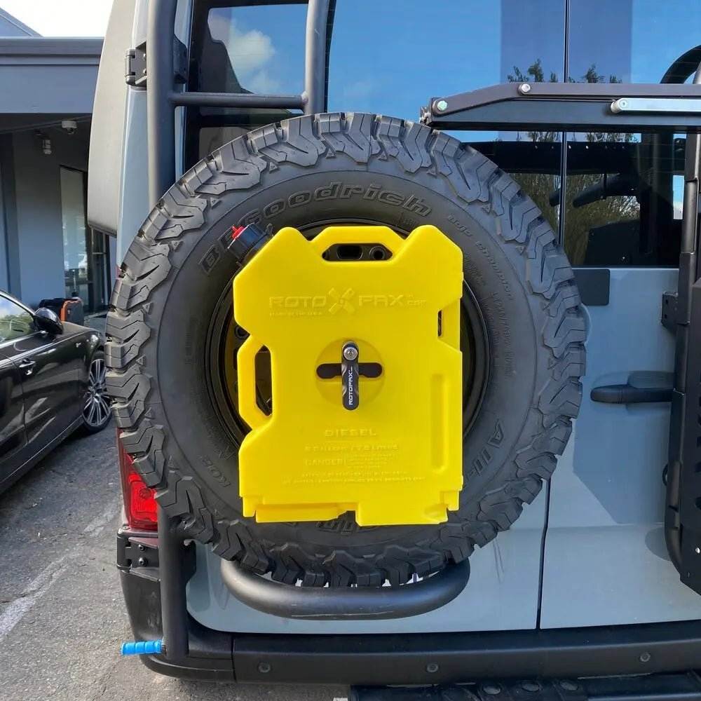 Expedition Handle 2.0 installed on vehicle tire carrier with attached Rotopax and rugged design.