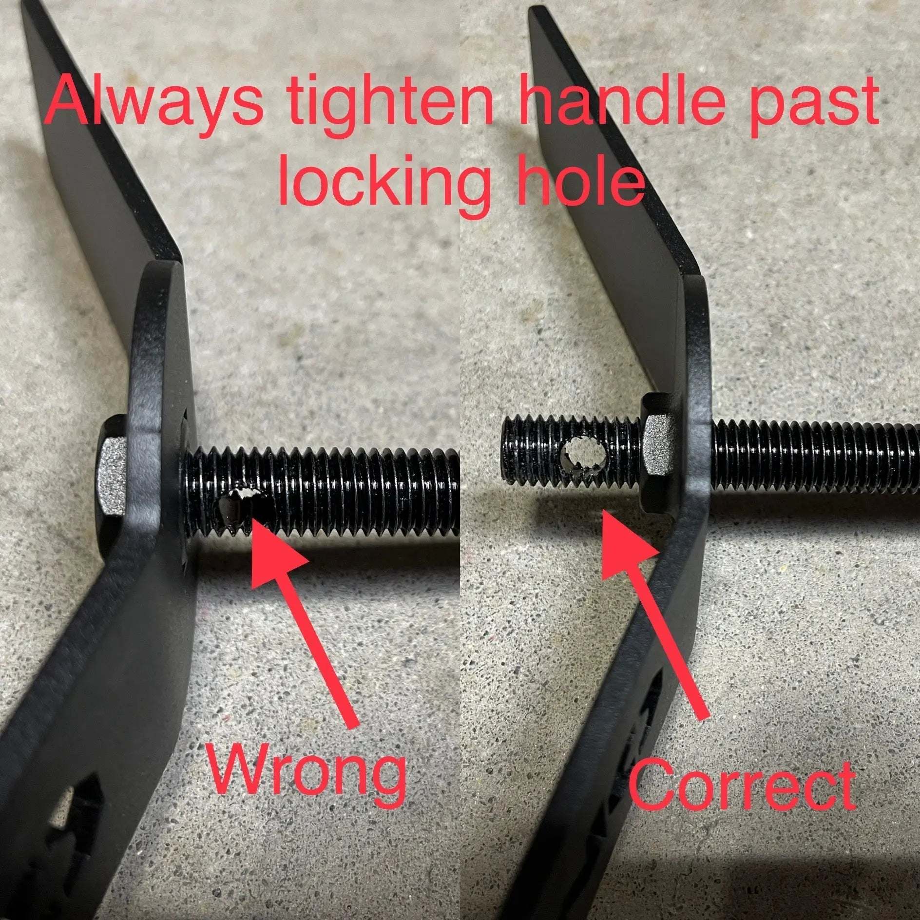 Expedition Tire Carrier for Sprinter with correct and incorrect handle tightening instructions.