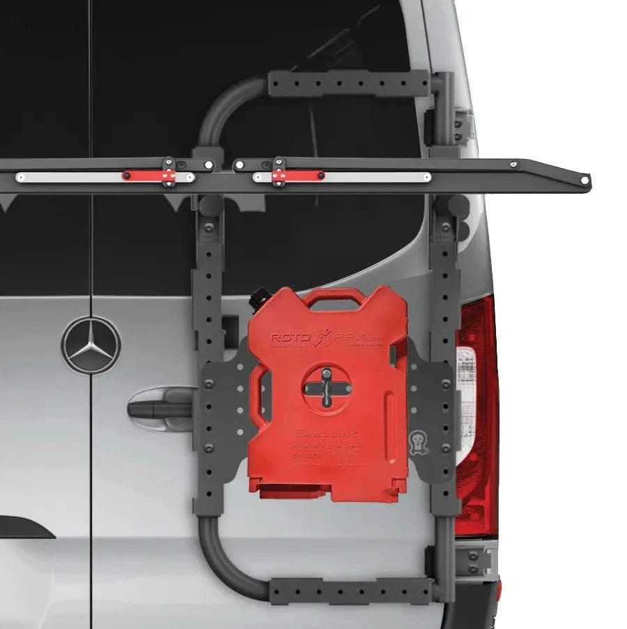 Mini Sherpa Carrier attached to vehicle rear door for convenient transport.