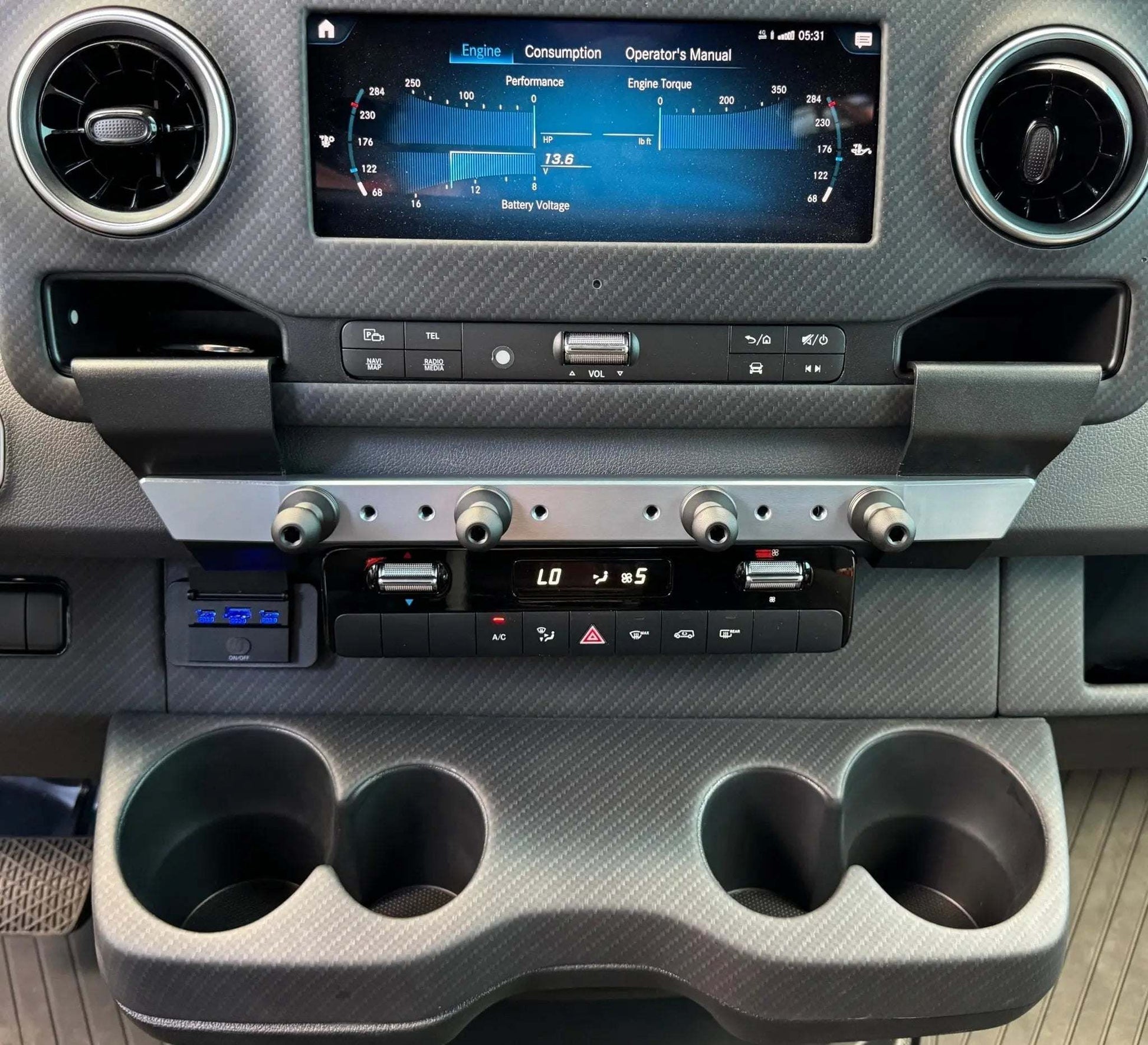 Powered Accessory Gear Rail for Sprinter dashboard installation.