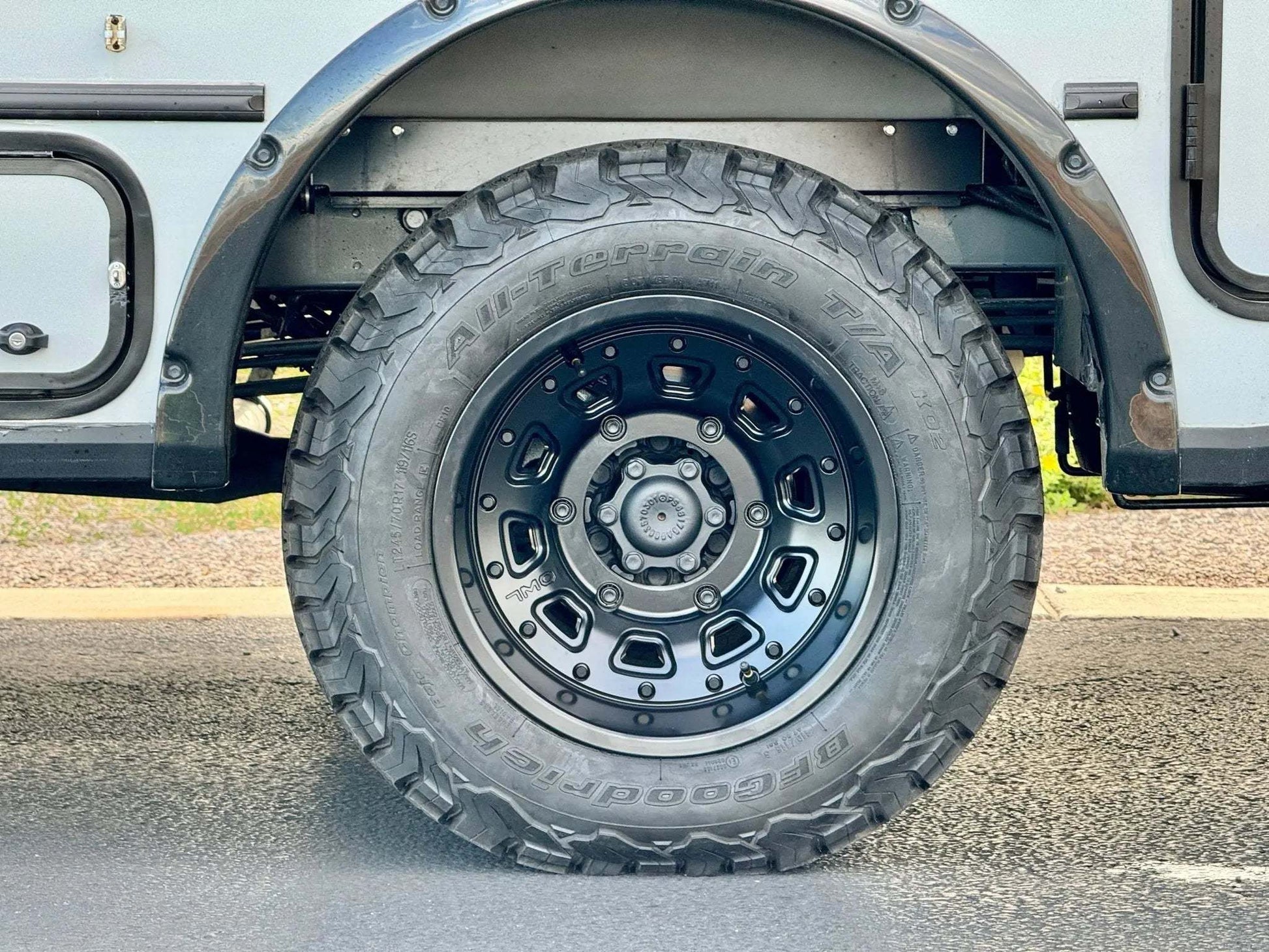 Talon Super Single off-road wheel set mounted on a Sprinter van with BFGoodrich All-Terrain tire