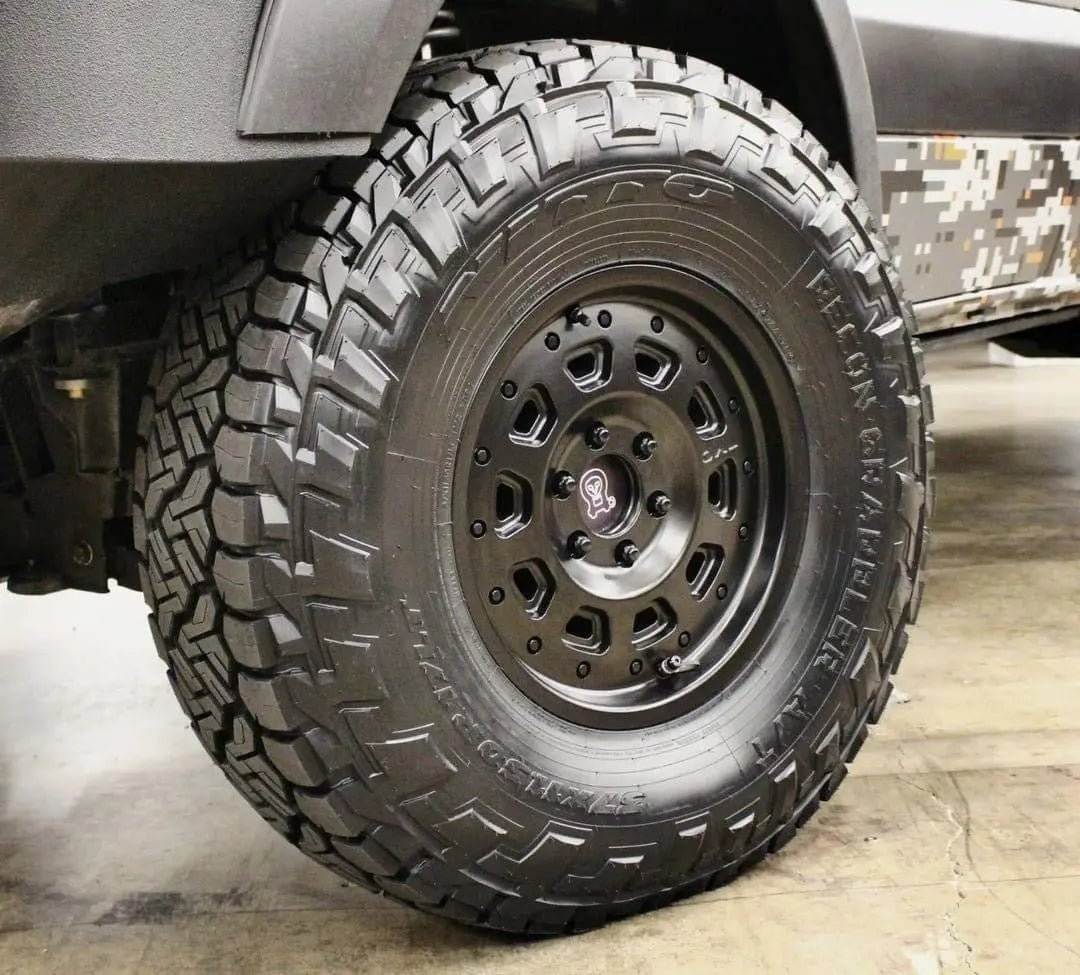 Matte black Super Single Spare Wheel with aggressive off-road tread for Sprinter vehicles