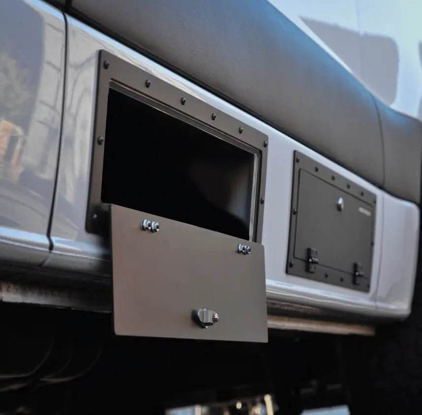 Universal Sprinter Storage Locker mounted on a van, featuring a matte black finish and secure lock.