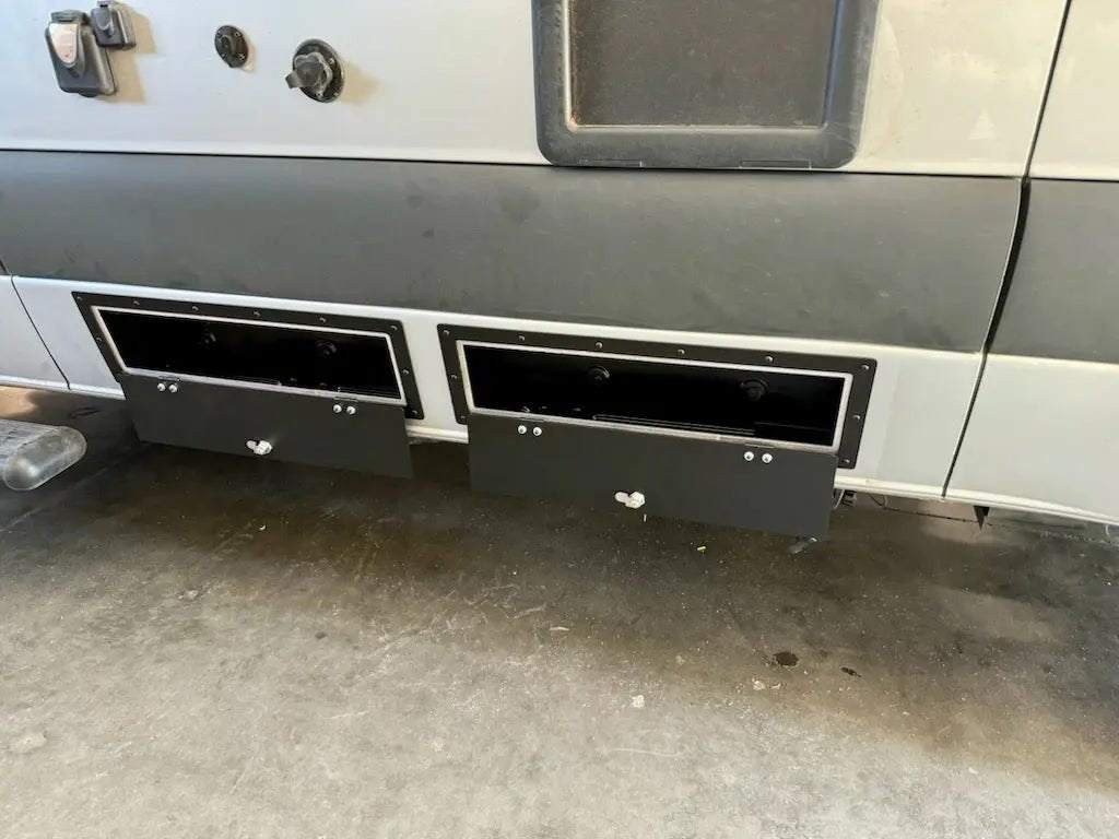 Universal Sprinter Storage Locker mounted on Sprinter van in matte black finish.