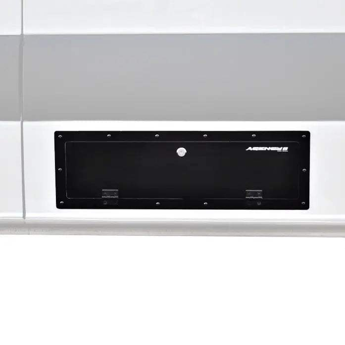 Universal Sprinter Storage Locker mounted on vehicle exterior, black matte finish.