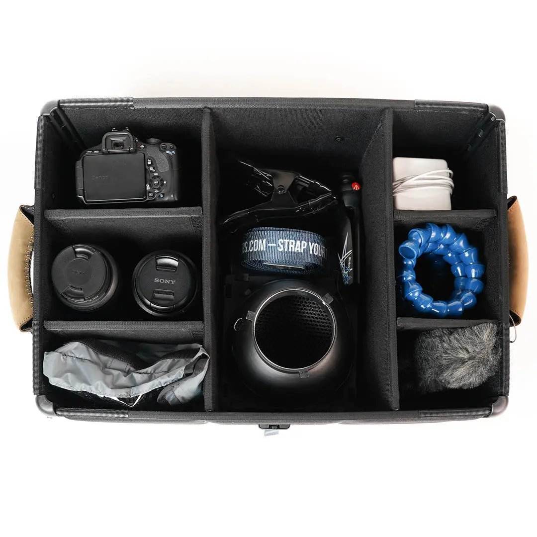 Gear Box 3500 with organized compartments and removable dividers for travel essentials.