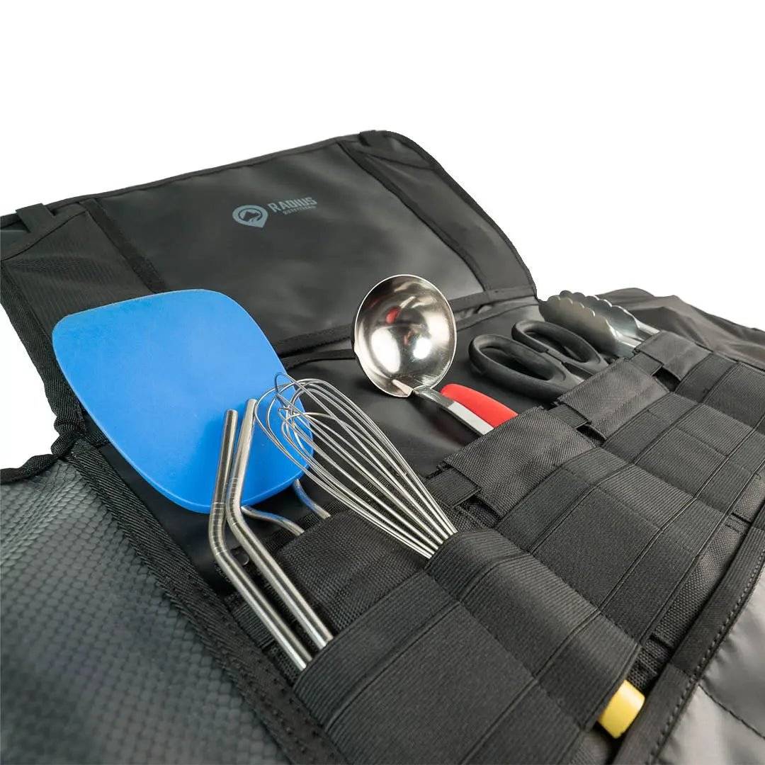Large Utility Organizer with compartments, MOLLE-style loops, and kitchen tools for organized storage.