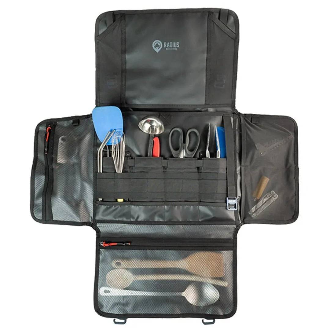 Large utility organizer with layered compartments and MOLLE-style loops for smart storage.