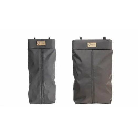 Durable seatback trash bag with roll-top closure for road trips.
