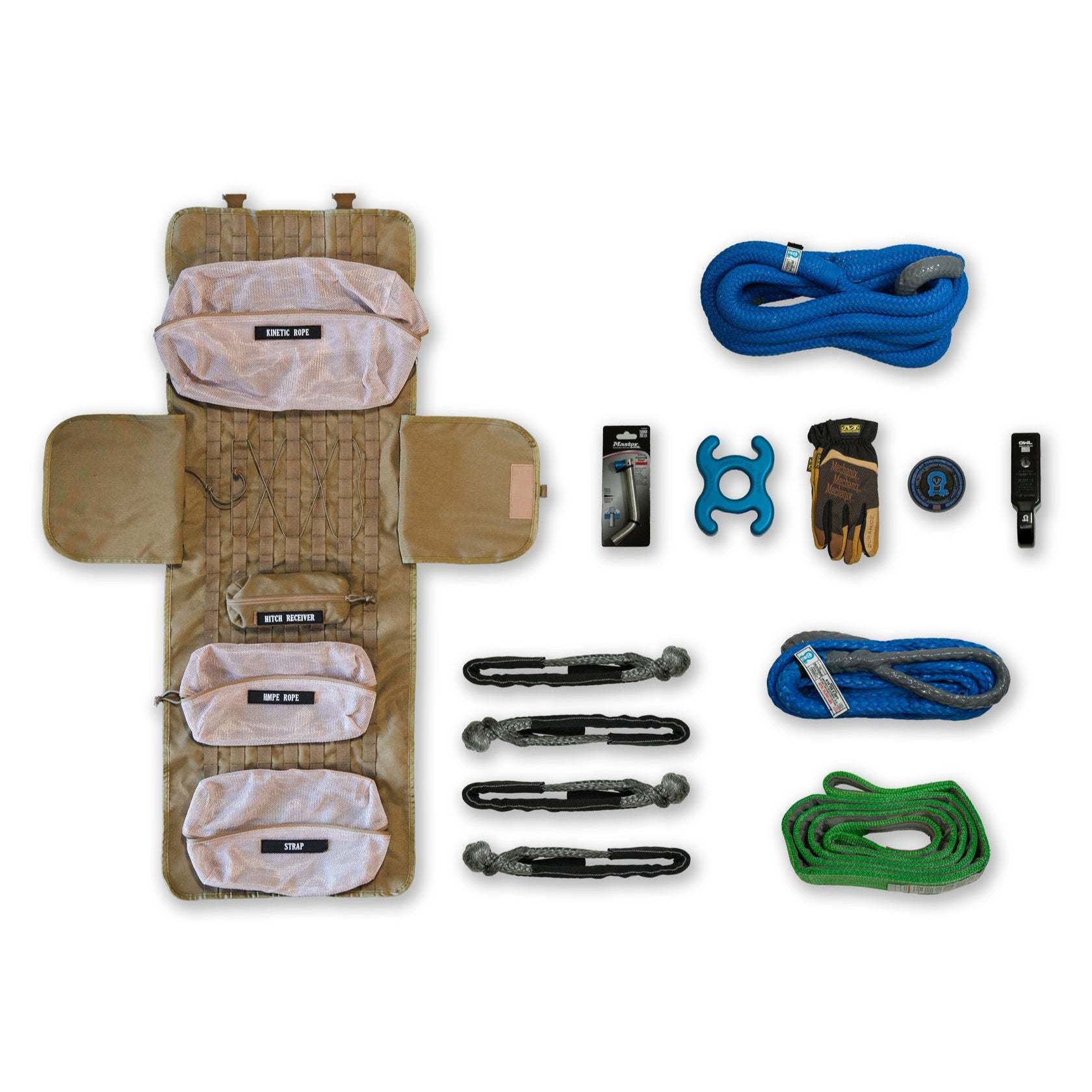 Overland Van Recovery Kit with modular molle rollup bag, kinetic rope, tree saver, HMPE bridle, soft shackles, leather gloves, hitch mounted recovery point, and X-Lock tool