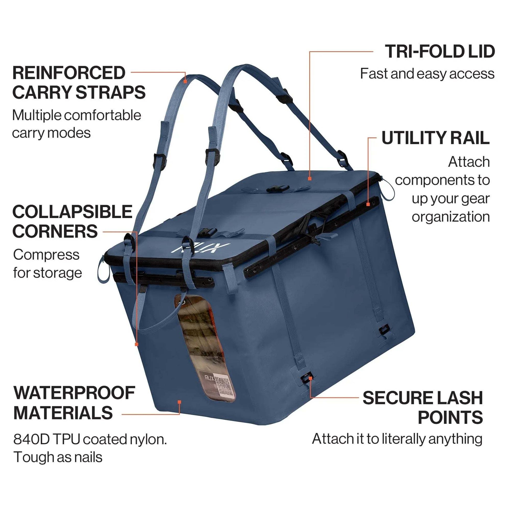 70L Storage Bag with reinforced straps, collapsible corners, utility rail, and waterproof material, ideal for outdoor adventures.