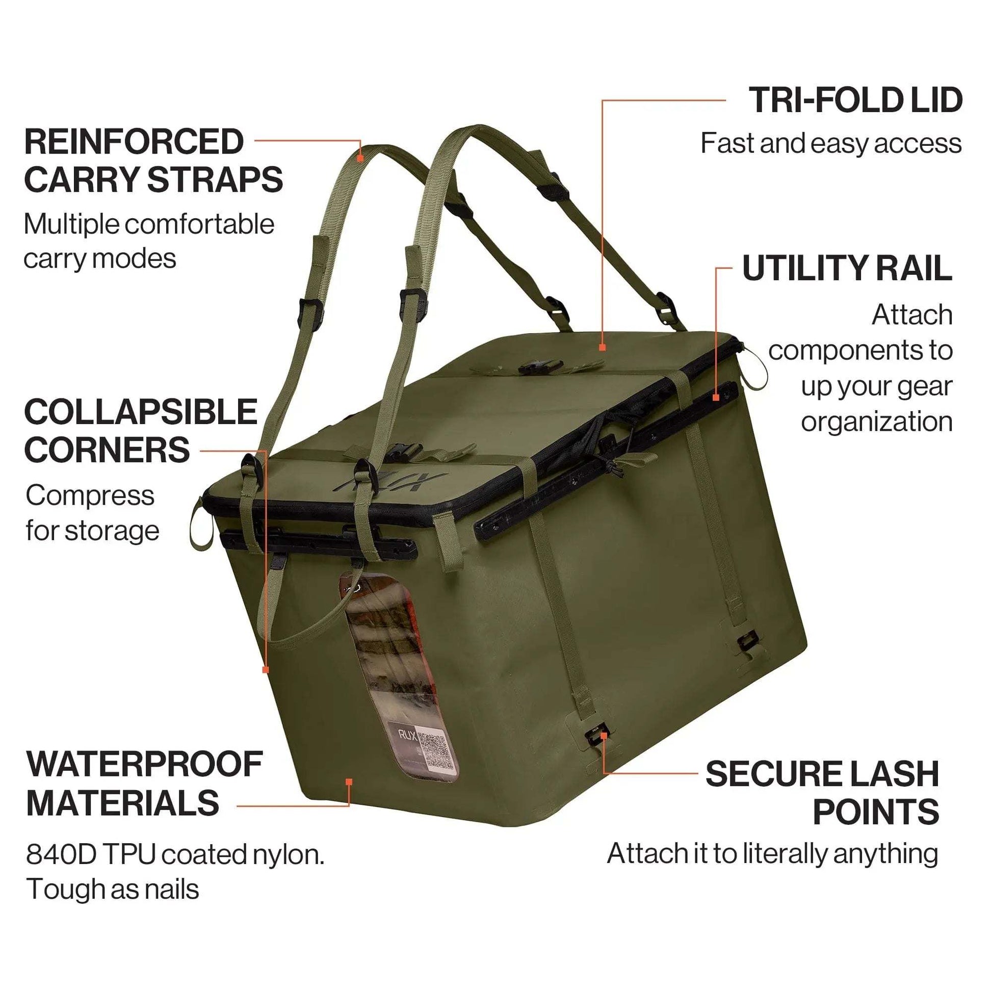 70L Storage Bag with utility rail, reinforced straps, collapsible corners, and waterproof materials.