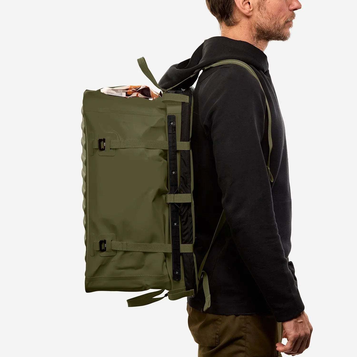 70L Storage Bag worn on back, ideal for adventure and utility.
